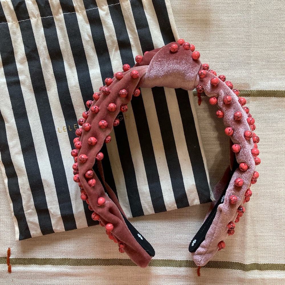 Lele Sadoughi Dusty Rose Velvet Beaded Headband